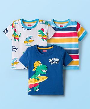 Babyhug 100% Cotton Knit Half Sleeves Animal Beach Theme Printed & Striped T-Shirts Pack Of 3 - Multicolour