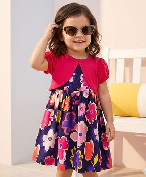 Babyhug 100% Cotton Woven Half Sleeves Floral Printed Frock With Shrug - Multicolour