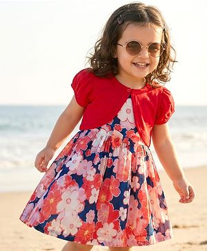 Babyhug 100% Cotton Woven Half Sleeves Floral Printed Frock & Shrug - Multicolour