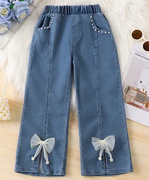Mark & Mia Full Length Washed
                              Jeans with Pearl Detailing & Bow
                              Applique - Blue