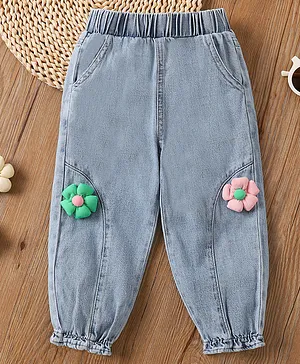 Mark & Mia Full Length Washed
                              Jeans with Floral Applique - Blue