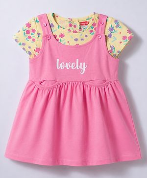 Babyhug 100% Cotton Knit Half Sleeves Floral Printed Frock With Inner Tee - Pink