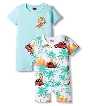 Babyhug 100% Cotton Knit Half Sleeves Rompers with Miami Print Pack of 2 - Multicolor