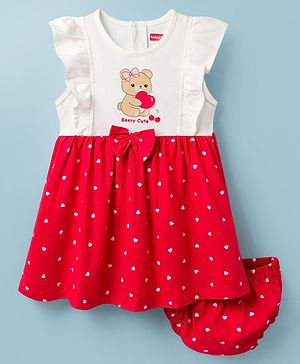Babyhug Cotton Knit Frock with Bloomers/Shorts, Ruffled Sleeves, Bear Print, Bow Detail Red 0-0 Months