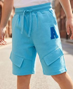 Pine Kids Looper Knit Knee Length Solid Colour Shorts with Alphabet Badge - Aqua Blue