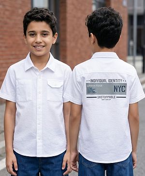 Pine Kids Cotton Woven Half Sleeves Text Printed Shirt - White