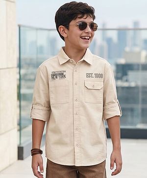 Pine Kids Cotton Woven Full Sleeves Shirt With New York Print - Beige