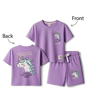 CUCUMBER Knit Half Sleeves T-Shirt
                              & Shorts Night Suit With Unicorn Print
                              - Purple