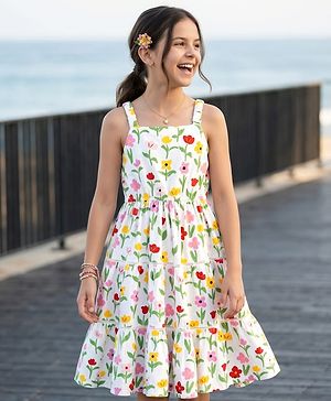 Pine Kids Cotton Knit Sleeveless Tiered Frock with Floral Print - Multicolor