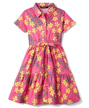 Pine Kids Cotton Woven One Piece Dresses/Frocks with Short Sleeves, Collar Neck, Floral Print Multi Color 4-5 Years