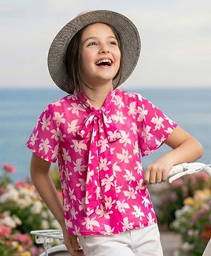 Pine Kids Woven Half Frill Sleeves Floral Printed Top With Inner Tee - Pink