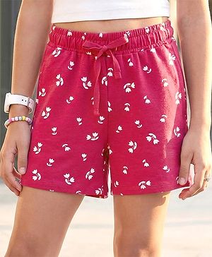 Pine Kids Looper Knit Above Knee Length Floral Printed Shorts - Dark Pink
