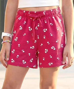 Pine Kids Looper Knit Above Knee
                              Length Floral Printed Shorts - Dark Pink
