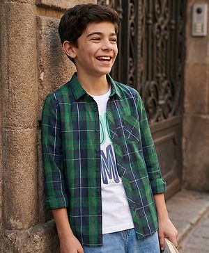 Pine Kids Cotton Woven Half Sleeves Checkered Shirt with T-Shirt - Dark Green & White