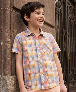 Pine Kids Cotton Woven Half Sleeves Checkered Shirt - Pink White & Yellow