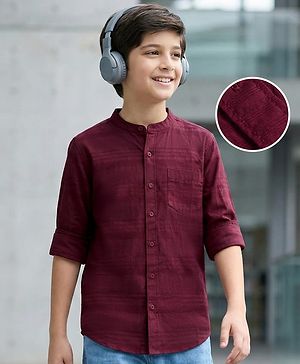 Pine Kids Cotton Woven Full Sleeves Solid Color Mandarin Collar Shirt - Maroon