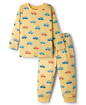 Babyhug Cotton Knit Full Sleeves T-Shirt & Pyjama Co-ord Night Suit With Car Print - Yellow