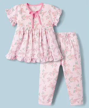 ToffyHouse Single Jersey Knit Half Sleeves Co-Ords Floral Printed Pyjama Night Suit - Pink