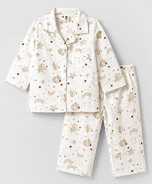ToffyHouse Single Jersey Knit Full Sleeves Shirt & Pyjama Night Suit with Space Theme Print - Off White