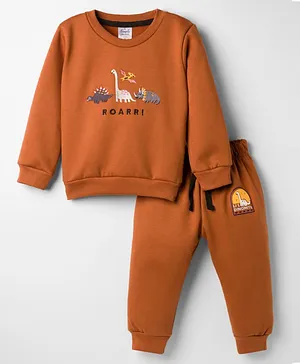 Simply Fleece Knit Full Sleeves
                              Winter Wear T-Shirt & Lounge Pant Set
                              With Dino Print - Brown