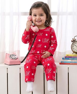 Babyhug Cotton Knit Full Sleeves Co-ords T-Shirt & Pajama Night Suit with Love Print - Red
