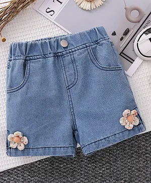 Mark & Mia Cotton Knee Length
                              Washed Shorts with Floral Applique - Blue