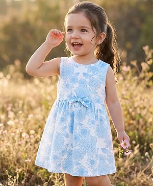 Babyhug Single Jersey Knit Sleeveless Frock with Floral Print & Bow Applique - Multicolor