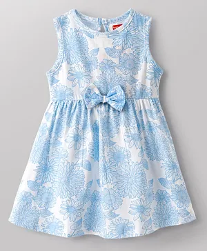 Babyhug Single Jersey Knit Sleeveless Frock with Floral Print & Bow Applique - Multicolor