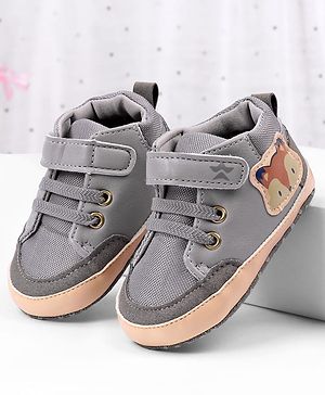 Cute Walk by Babyhug Velcro Closure Booties with Fox Patch -  Grey