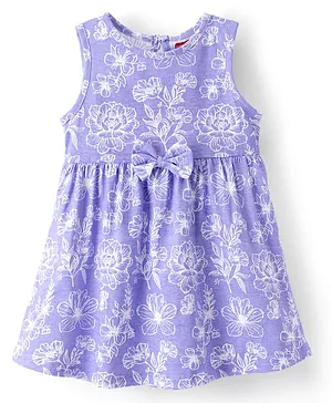 Babyhug Single Jersey Knit Sleeveless Frock with Floral Print & Bow Applique - Multicolor
