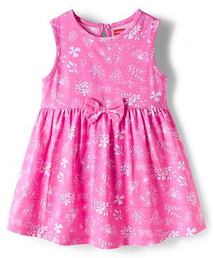 Babyhug 100% Cotton Knit Sleeveless Floral Printed Frock With Bow Applique - Multicolour