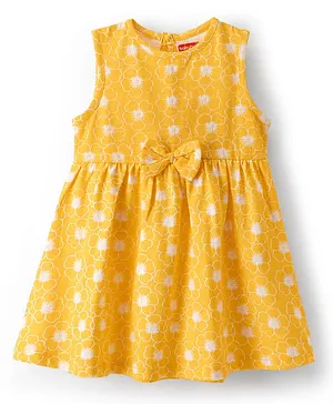Babyhug Single Jersey Knit Sleeveless Frock with Floral Print & Bow Applique - Multicolor