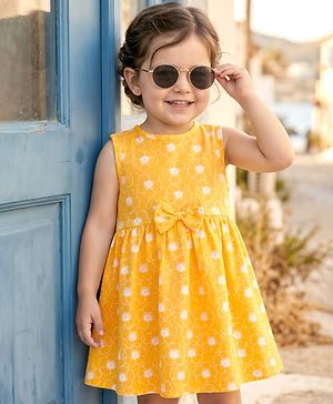 Babyhug Single Jersey Knit Sleeveless Frock with Floral Print & Bow Applique - Multicolor