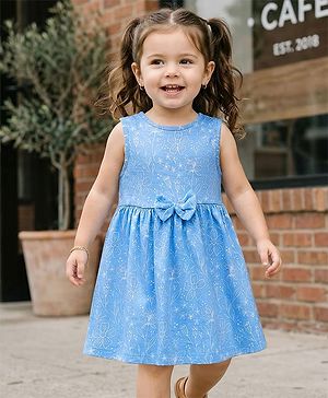 Babyhug Single Jersey Knit Antibacterial Sleeveless Floral Printed Frock with Bow Applique - Blue
