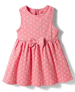 Babyhug Single Jersey Knit Sleeveless Frock With Polka Dot Print & Bow Applique - Pink