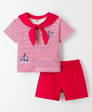 ToffyHouse Interlock Knit Half
                              Sleeves Striped Top & Shorts Set with
                              Nautical Theme Embroidery - Red