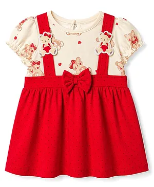 ToffyHouse Interlock Knit Half
                                  Sleeves Bear Printed Frock With Bear
                                  Applique - Red