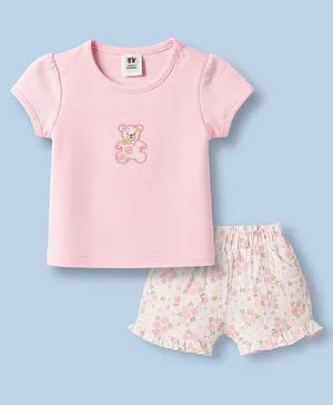 ToffyHouseMuslin Knit Half Sleeves
                              Top & Shorts Set With Bear Embroidery
                              & Floral Print - Peach