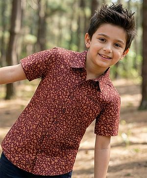 Pine Kids Cotton Woven Half Sleeves Shirt With Floral Print - Brown