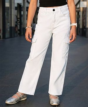 Pine Kids Denim Woven Full Length Solid Jeans With Cargo Pockets - White