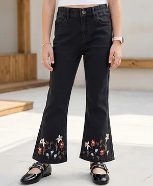 Pine Kids Denim Woven Full Length
                              Denim Jeans with Floral Embroidery -
                              Black