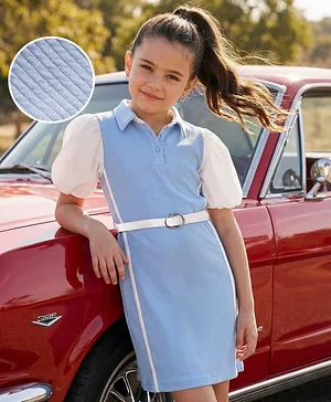 Hola Bonita Knit Half Volume
                                  Sleeves Solid Color Dress with Belt -
                                  Light Blue