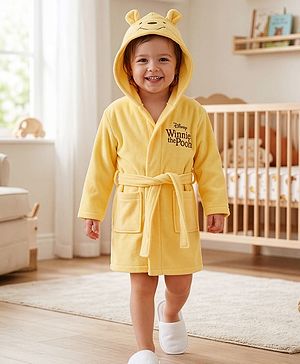Babyhug Disney Terry Knit Full Sleeves Hooded Bath Robe with Pockets & Winnie the Pooh Graphic - Yellow