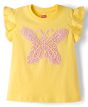 Babyhug Cotton Knit Half Sleeves Crochet Butterfly Embroidered T-Shirt - Yellow