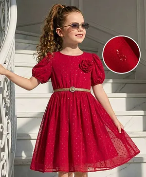 Hola Bonita Woven Half Sleeve
                                  Solid Dobby Georgette Fabric Dress
                                  With Floral Applique & Belt-
                                  Maroon