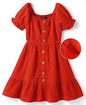 Pine Kids Cotton Woven One Piece Dresses/Frocks with Puff Sleeves TOMATO 4-5 Years