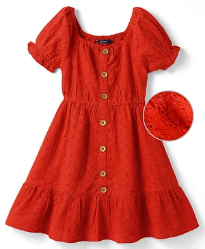 Pine Kids Cotton Woven One Piece
                                  Dresses/Frocks with Puff Sleeves
                                  TOMATO 5-6 Years