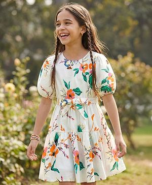 Pine Kids 100% Cotton Woven Half Sleeves Floral Printed Frock With Belt - Multicolour