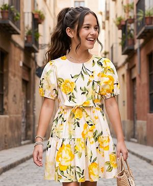 Pine Kids Poplin Woven Half Puffed Sleeves Floral Printed Frock - White & Yellow