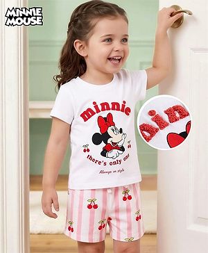 Babyhug Disney Single Jersey Knit Half Sleeves T-Shirt & Striped Shorts Night Suit With Minnie Mouse Graphic & Cherry Print - White